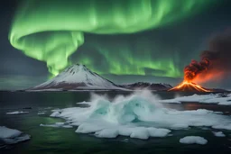 Icelandic landscape with a big volcano on Fire, 1 icebergs on the sea, and northern lights. Put a big cruise boat on the sea in the middle