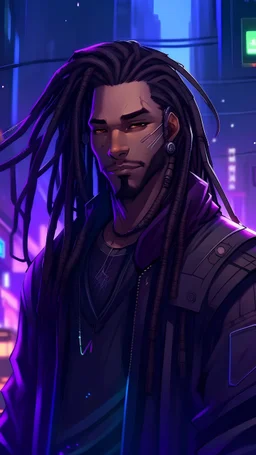 Anime male, age 35, long thick dreadlocks doing down past neck length, purple highlights in hair, dark brown natural hair color, black and purple zip up jacket, deep glowing purple eyes, muscular body, scar on face, glowing purple cybernetic features in hair, relaxed smile, in a futuristic dystopian city scape