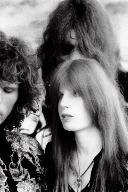 Jim Morrison and Pamela Courson ,music, ignoreNSFW, watermark, bohemian style , blurry,beautiful,elegant,roses, fantasy