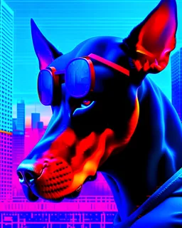 Doberman dog with futuristic science fiction glasses city background contrasting colors 8k artwork