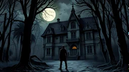 A young historian stands in front of a dilapidated Gothic villa, hidden deep in the dark forest. The moon shines coldly on the abandoned property, while misty shadows envelop the bare trees.Gothic horror comic style