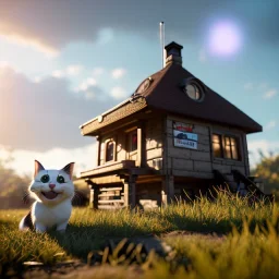 Cartoon pet with a smiley looking at a small house|mdjrny-v4 style| wide angle| intricate detailed| hyperrealistic| cinematic lighting| cinematic colors|hdr | unreal engine