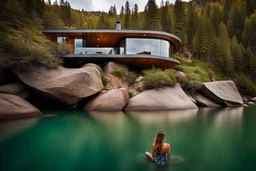 pretty dream houses in rocky mountain in wavy sea side,beautiful lady sitting on the rock her feet in water