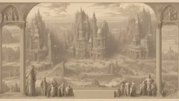 Depiction of an elaborate fantasy cityscape with various architectural styles, including classical and gothic elements, with statues of humans, animals, birds, and mythical figures with multiple levels of buildings.