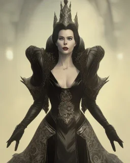 old evil queen in black leather gown, femme fatale, volouptous, busty, cleavage, angry, emperious, 8k resolution concept art portrait by Greg Rutkowski,