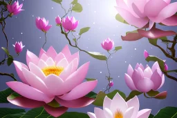 a magical crystal flower lotus magnolia lys bougainvillier, blue gold house indian palace castle in the woods, magnolias pink,blue lake,sun,white swanns,pink vertical, blue lake,sharp, vines, candlelit, endor, ornate, elegant, highly detailed, artstation, concept art, smooth, sharp focus, illustration, 8k, splash art, wallpaper, key visual