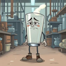 an very sad transparent drinking glas man with legs and shoes, working clothes, in a factory, nobody cares about the empty glas, that is why he is so sad :( , he had worked 30 years in the factory and never had a salary increase, tears in his eyes, cartoon style