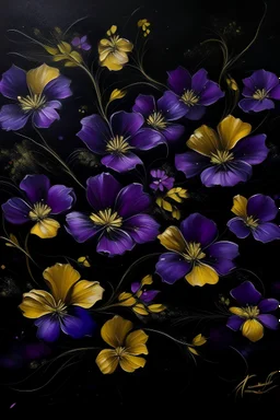painting of purple flowers with gold flowers in center of canvas black background