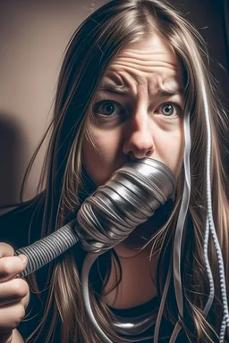 A girl gagged with duct tape using hair dryer