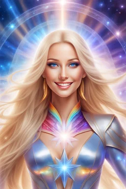 cosmic woman smile,beautiful ufos rainbow, admiral from the future, galactic confédération, fine whole face, crystalline skin, expressive blue eyes,rainbow, smiling lips, very nice smile, costume pleiadian, Beautiful tall woman pleiadian Galactic commander, ship, perfect datailed golden galactic suit, high rank, long blond hair, hand whit five perfect detailed finger, amazing big blue eyes, smilling mouth, high drfinition lips, cosmic happiness, bright colors, blue, pink, gold, jewels, realist,