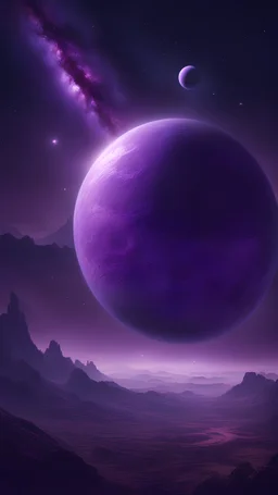 A purple planet from afar, with a night sky full of stars around it