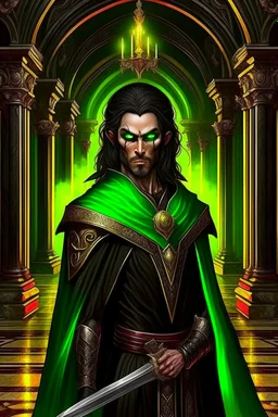 full length, mantle, background dark hall with columns, black cloth, holding a spear in his hand, dark green eyes, the character is not too close to the camera