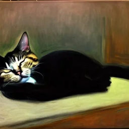 oil portrait of a Cat sleeping in a Black sofa by Monet 8k