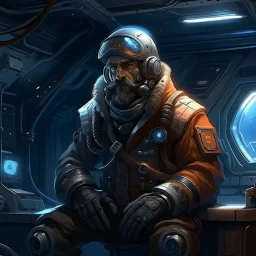 sci fi mechanic on space ship with ushanka