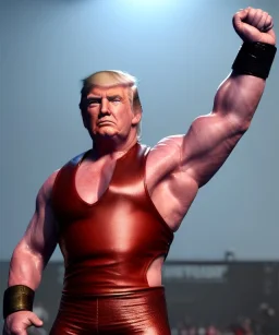 Photo realistic, Wrestler Donald trump, wrestling, American shot, sweat, blood, red breeches, suspenders, retro style, 80s, hot ambient, photo studio, vibrant color, gradient, highly detailed, art stations, concept art, smooth, unreal engine 5, god rays, ray tracing, RTX, lumen lighting, ultra detail, volumetric lighting, 3d, finely drawn, high definition, high resolution.