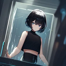 Clear focus,High resolution, black short fluffy hair, long fluffy bangs, and dark blue eyes, Depressed girl, wearing a black short shirt with a black sleeveless crop top, dark aura, controlling water, in a dark blank room