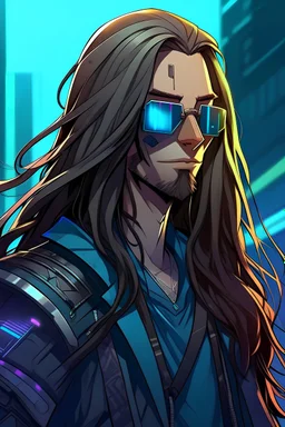 male cyberpunk solo with long hair, german, Wearing Urban Flash and mirrored sunglasses, suave, strong, nice, Anime Style, Retroanime, Video Game Character