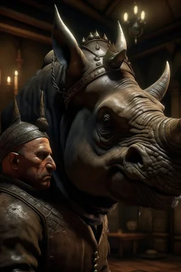 A human with a rhino's head and crown. dramatic lighting, matte painting, highly detailed, cgsociety, hyperrealistic, --no dof, --ar 2:1