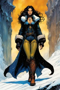 Create a fine art print , full body illustration of an epic fantasy Lankhmar sorceress Girl , with finely lined and detailed facial features, in a ragged sable and lynx fur coat, trimmed with ermine tails ,battered riding boots, , in the comic book style of Bill Sienkiewicz, Philippe Druillet, and Jean Giraud Moebius, precisely drawn, colored and inked