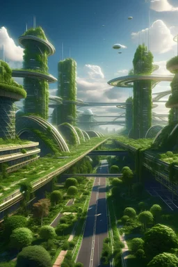 Город будущего с обильной растительностью и солнечными панелями