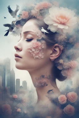 Double exposure, girl with closed eyes, large false eyelashes, Flowers, Double exposure, intricate details, city, birds