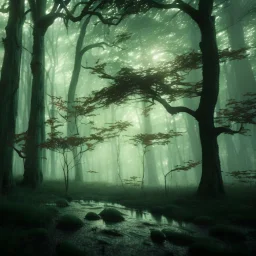 spooky forest, 4k, 8k, highly detailed, cinematic, ultra photorealistic, volumetric lighting, sharp details, mist, trees, depth of field, sun shafts