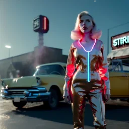 Ultra Realistic retro sci-fi, explosion Supermarket parking scene, 1960 year, blonde mistery woman, sweet scarlet Johansson face, perfect iris, glow eyes, face makeup, tight latex coat; many panic people, Retro sci-fi style, soft color, highly detailed, unreal engine 5, ray tracing, RTX, lumen lighting, ultra detail, volumetric lighting, 3d, finely drawn, high definition, high resolution.