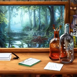 A wooden biologist's desk, on it a glass bottle. In the glass bottle a captured fairy "detailed matte painting, deep color, fantastical, intricate detail, splash screen, complementary colors, fantasy concept art, 8k resolution, Unreal Engine 5"