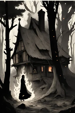 In the heart of a dense, ancient forest, a medieval cottage stands engulfed in flames, its timeworn timbers crackling and sending plumes of smoke into the sky. In the foreground, a mysterious woman in silhouette stands, the house is melting like candy. a woman in a cloak hides behind a tree. the house is engulfed in flames.