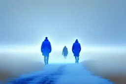 two people seen from behind walking side by side in an empty foggy plain, above there is blue sky