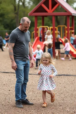 a very very small skinny 40 year old dad in the playground with his young 3 year old daughter with blonde hair playing on the playground but the dad is checking out all the other kids curvy mums . there are many kids playing on the playground