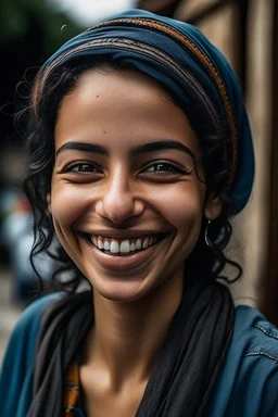 Palestinian woman with beautiful face turning her face slightly to the left and a beautiful smile and her mouth closed