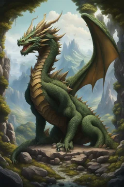 Craft a hyper-maximalist, intricately detailed cinematic painting in an earth-bender theme. The scene showcases a colossal earth dragon and its queen, standing strong and powerful on a vast landscape of rugged mountains and lush forests. The dragon is a manifestation of the earth, with a body made of stones, moss, and living vines, its presence causing the ground to tremble. The queen, robed in garments that mimic the textures of the earth – from rich soil to delicate foliage, exudes a commandin