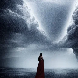 A princess standing. Epic scale. Heavy cold rain. Epic Thunderstorm. An engineer looking up. Futuristic scenary. Gray mist.