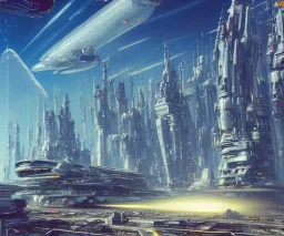 A Spaceship is taking off from a buzzing Space port on a heavy industrialized planet with a futuristic city in the background, retrofuturistic, art by John Berkey, buildings with glass facades, brutalist architecture, insanely detailed, vibrant, 8k uhd, cinematic atmosphere, ultra-wide angle, street level view, brush strokes, blue sky with clouds, dramatic sunset, sharp focus