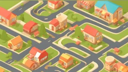 illustration for game. zoom out. 1000 miniature restaurants and houses per block as a road city. vector isometric 3d style. HD.