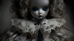 dark tones, high lighting, Cute porcelain doll in a Victorian lace frill dress, intricate, 8k, macro photography,
