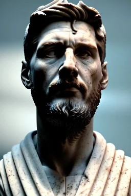 Ultra Realistic image, roman sculpture, white marble material, Lionel Messi, Laurel leaves crown, miguel angel style, chisel style, emperor, waist up portrait, epic, celestial style, cinematic lighting, God light, god rays, 4k resolution, smooth details, ornate details, soft lighting, unreal engine 5, sky background.