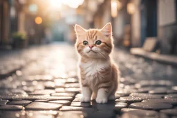 cute happy chibi cat standing on a wet cobblestone road in sunshine, ethereal, cinematic postprocessing, bokeh, dof