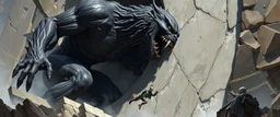 epic fantasy illustration, black giant throwing pushing marble stone sculpture into wall