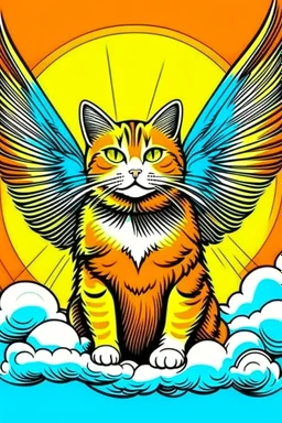 orange cat with stripes in heaven with wings and a halo pop art