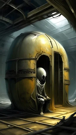 in the back lot of a warehouse, sci fi big stasis capsule for a human, unique, oblong, fantasy art, painting