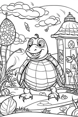 HAPPY NEW YEAR CELEBRATION coloring page for kids,Turtle carries lantern in New Year garden, thick outline, low details, no shading, no color