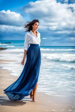 young lady wearing beautiful maxi blue skirt and elegant shirt standing in beach posing to camera ,ships in sea ,blue sky nice clouds in background