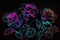 black background, outlines of a holographic roses drawn from thin neon-coloured glowing lines