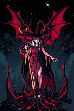 Demon girl wizard in front, fullbody, behind blood guts rising from the ground, darkred tones,cosmic horror, nightmare, galaxy, 8bits, pixel art,
