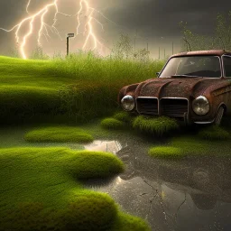 hyperrealistic shot, rusting and moss covered computer, earth color palette, sharp focus, puddle reflection, tire water splash, refraction, rain and lightning on the horizon, shadowcast, detailed and intricate, cinematic composition, tilt shift photography