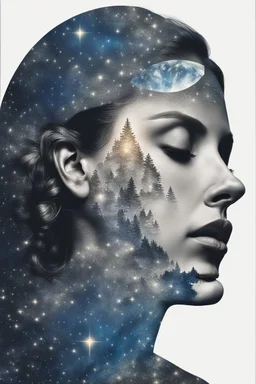 Double exposure of a female person's profile and a utopistic starry night sky, dramatic mood, dark depressive style, highly detailed intricate, surreal, stunning