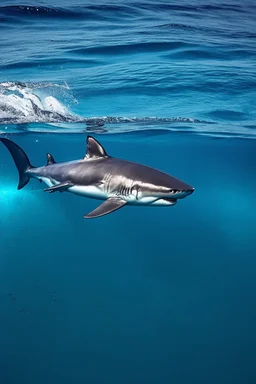 A (((ocean ))) is in awe of a (((great white shark))), , with its sleek contours and powerful silhouette drawing attention in the serene (((ocean waters)))