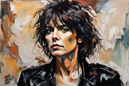 palette knife portrait of Chrissie Hynde in black leather, in the Expressionist style of Egon Schiele, Oskar Kokoschka, and Franz Marc, highly detail hair and facial features, in muted natural colors with fine detail outlining